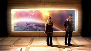 Rose y el Doctor contemplan la Tierra antes de ser destruida por el sol en El Fin del Mundo