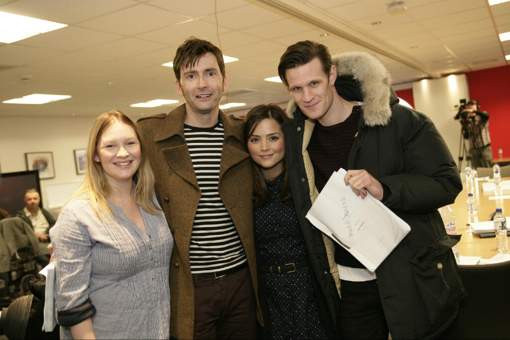 Joanna Page, Jenna-Louise Coleman, Matt Smith y David Tennant en la lectura del especial 50 aniversario de Doctor Who